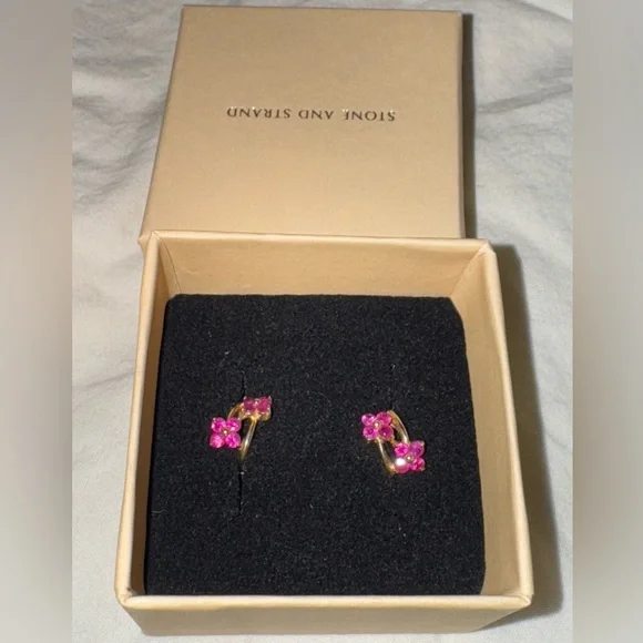 Stone & Strand 10k Gold Ruby Double Flower Huggies Floral Earrings - Picture 2 of 5